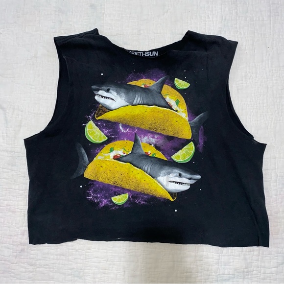 SHARK TACOS Tank Crop Top Cutoff Gym Shirt Crazy Weird Unique Eccentric Funny M - Picture 2 of 7